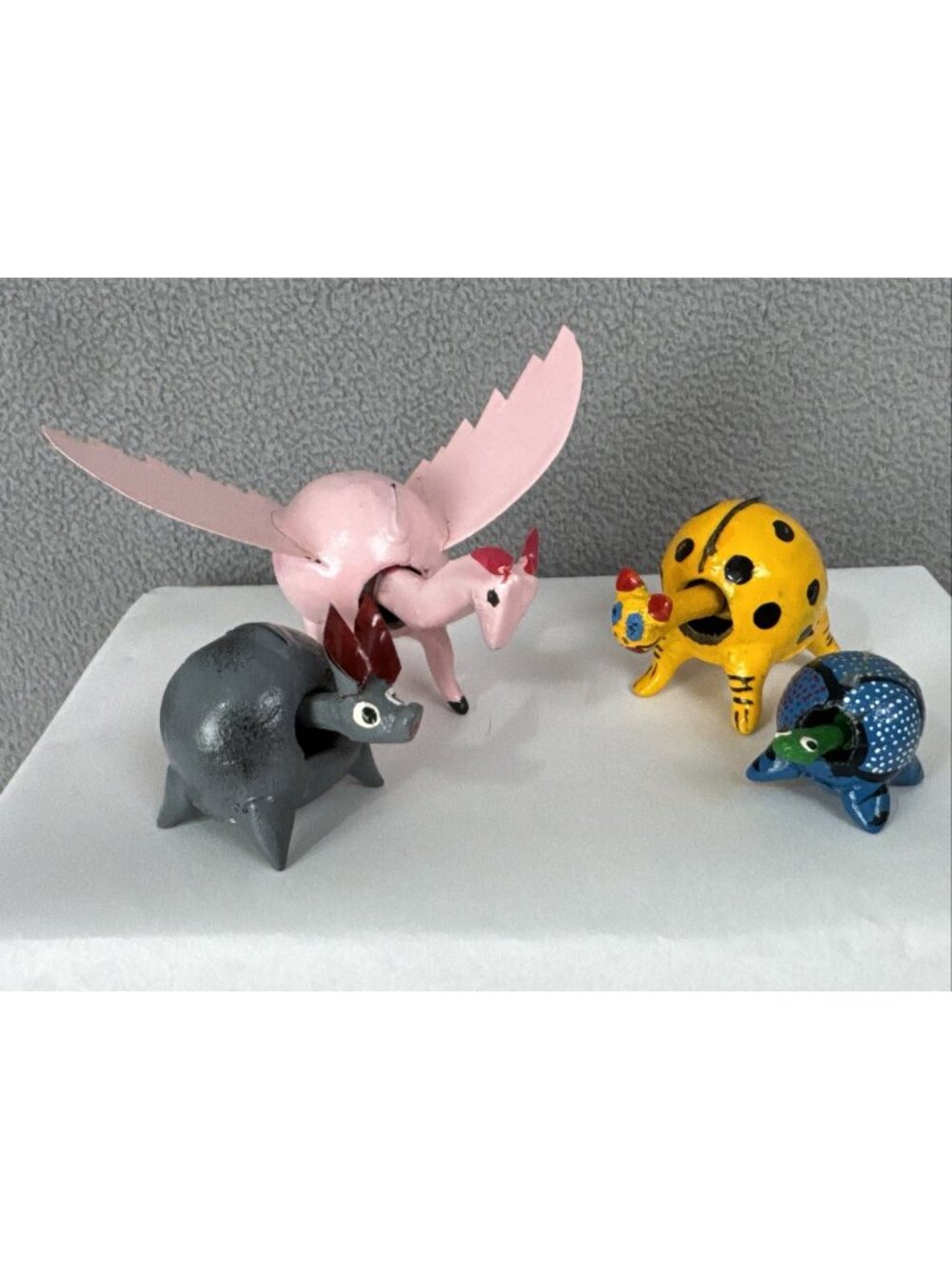 Vtg Mexican Folk Art Hand Painted Alebrije Mini Bobbleheads Set of 4 SEE VIDEO
